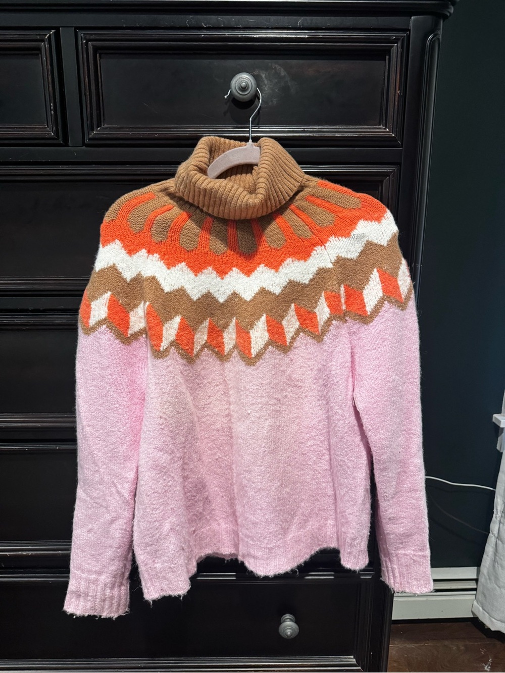J. Crew Pink Turtleneck Sweater with Brown and Orange Fair Isle Yoke